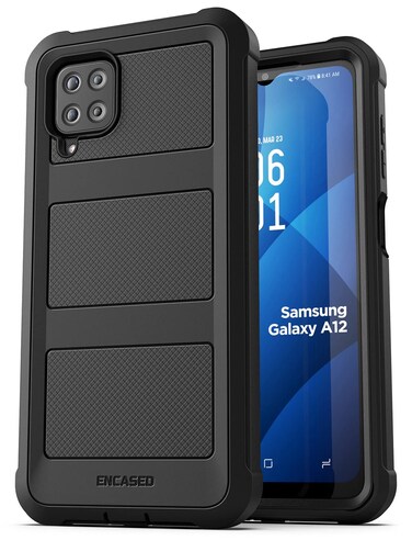 ENCASED Falcon Armor for Galaxy A12 Case with Built-in Screen Protector - Ultra Protective Heavy Duty Cover (for Samsung A12 5G) Black