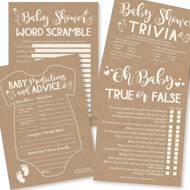 Hilarious Baby Shower Games Set &ndash; 50 Double-Sided Cards for 25 Guests, 4 Games, Predictions, Trivia, True or False, Word Scramble, Gender Neutral and Fun for Boys &amp; Girls (Rustic)