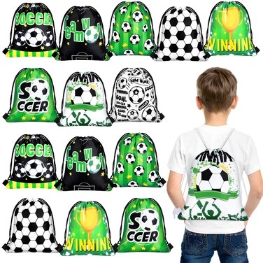 Woanger 16 Pieces Soccer Party Favors Bags Soccer Drawstring Gifts Bags Fabric Soccer Print Candy Goodie Snacks Treat Bags for Sports Soccer Theme Birthday Party Supplies