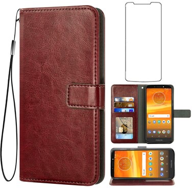 Asuwish Compatible With Moto E5 Plus E 5 Supra Wallet Case Tempered Glass Screen Protector and Flip Card Holder Stand Accessories Phone Cases for Motorola E5+ MotoE5plus 5E 5th Generation E5plus Brown