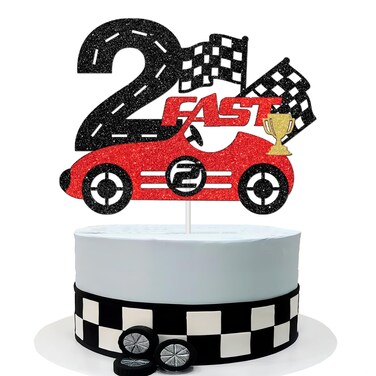 ShuanQ Two Fast Cake Topper, Racing Theme 2nd Birthday Party Cake Decor, Race Car Inspired 2nd Birthday Decoration Supplies for Kids Boys