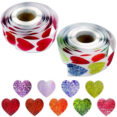 2 Rolls 1000 Pieces Heart-Shaped Decorative Stickers, DaKuan Love Decorative Sticker Heart Labels for Valentine's Day, Anniversaries, Scrapbook, Party Favor Supplies