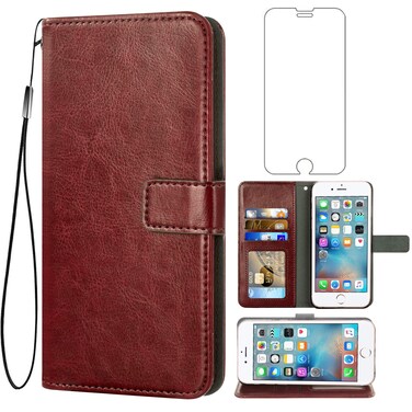Asuwish Compatible with iPhone 6 6s Wallet Case Tempered Glass Screen Protector Flip Cover Card Holder Accessories Phone Cases for iPhone6 Six iPhone6s iPhine6s iPhones6s i Phone6s Phone6 6a Brown