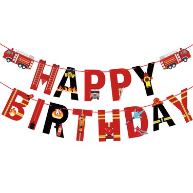 Fire Truck Happy Birthday Banner Sign, Fire Engine Rescue Birthday Bunting Banner Flag Garland for Kids Boys Fire Truck Birthday Party Carnival Party Decorations Supplies
