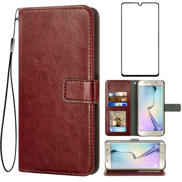 Asuwish Compatible with Samsung Galaxy S6 Edge Wallet Case Tempered Glass Screen Protector and Flip Cover Card Holder Stand Cell Accessories Phone Cases for Glaxay S6edge 6s 6 S 6edge Women Men Brown