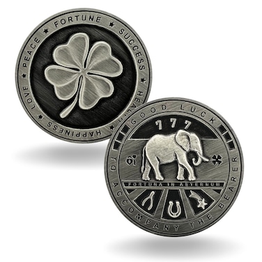 Luck Lab Two Sided Lucky Coin Featuring One Side with a Four Leaf Clover and One Side with Elephant and Lucky Symbols - 1.5 inches