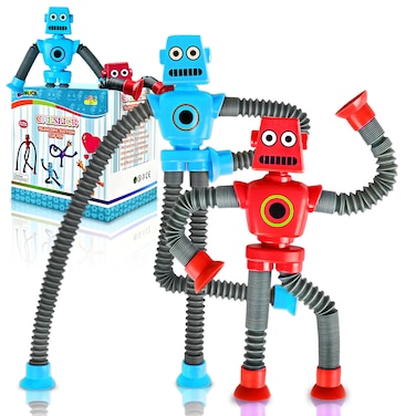 CHESLICR Autism Sensory Toys for Kid Boys Year Old Ages 4 5 6 7 8 9 10(2PCS), Suction Robot Toy Pop Tube Fidget Toys Autistic Travel Toys Valentine's Day Gift Easter Basket Stocking Stuffer for Kids