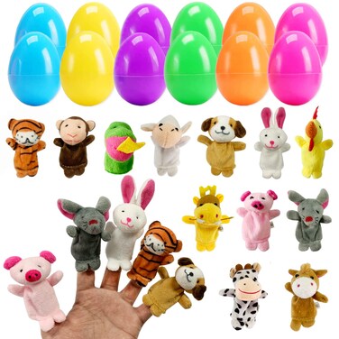 12 Pack Easter Eggs Filled with Animal Finger Puppets, Easter Basket Stuffers Surprise Easter Gifts Prefilled Mini Finger Plush Toys Hunt Party Favors for Kids