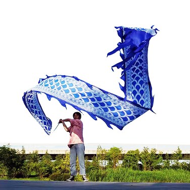 5 Meters (16.4 FT) Blue Scale Dragon Silk-like Flowy Spinning &amp; Shaking Poi, Outdoor Flinging Fitness Dragon Dance Wu Long 3D dragon Ribbon Streamer with Adjustable Fiberglass Handstick + Travel Bag!