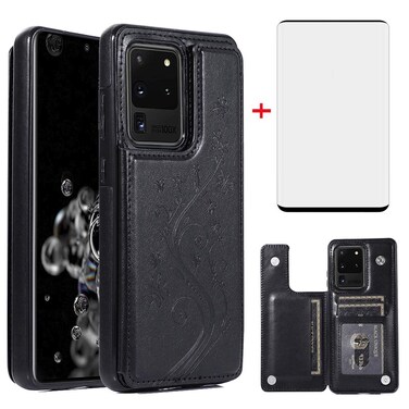 Phone Case for Samsung Galaxy S20 Ultra Glaxay S20ultra 5G with Tempered Glass Screen Protector Card Holder Wallet Cover Stand Flip Leather Cell Gaxaly 20S S 20 A20 20ultra G5 Cases Women Men Black