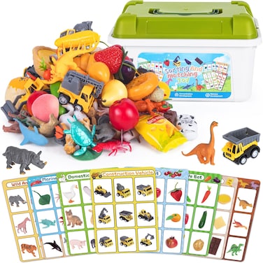 Fimeetoy 72 PCS Sorting Toy for Toddlers, Preschool Learning Activities, Animals Dinosaurs Fishes Farm Vehicles Fruits Vegetables Foods Playset, Fine Motor Montessori Games Gifts for Kids 3+