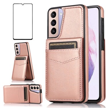 Phone Case for Samsung Galaxy S21 Plus Glaxay S21+ 5G with Tempered Glass Screen Protector Credit Card Holder Wallet Cover Stand Leather Cell Gaxaly S21+5G S21plus 21S + S 21 21+ G5 Cases Rose Gold