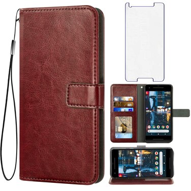 Asuwish Compatible with Google Pixel 2 Wallet Case Tempered Glass Screen Protector and Leather Flip Cover Card Holder Stand Cell Accessories Phone Cases for Pixel2 Pixle Two G011A Women Men Brown