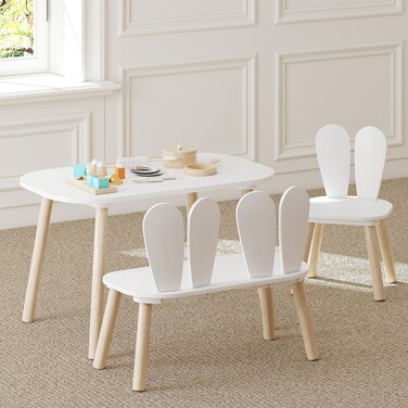 UTEX Kids Table and Chair Set, Toddler Table with Bunny Chair and Bench, 3 Pieces Wooden Children Table for Kids Room, Classroom, Nursery, White