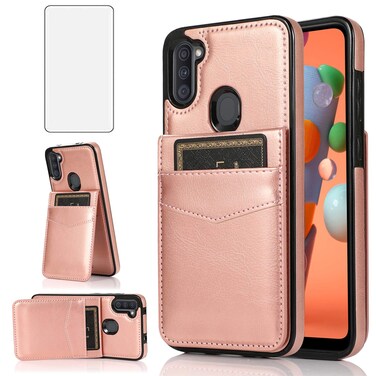 Asuwish Phone Case for Samsung Galaxy A11 with Tempered Glass Screen Protector and Credit Card Holder Wallet Cover Stand Leather Cell Accessories Glaxay A 11 Gaxaly 11A Cases Women Rose Gold