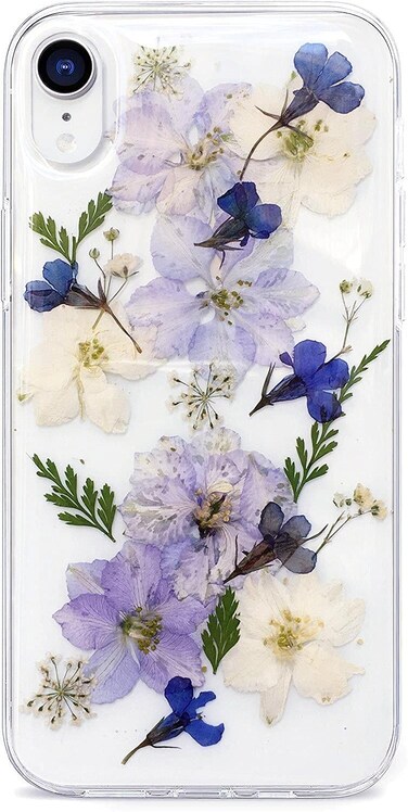 Abbery for iPhone XR Case Clear with Blue White Floral Design Cute Soft Slim TPU Transparent Dried Real Pressed Flowers Aesthetic Women Girls Phone Cover for iPhoneXR(Navy Flower)