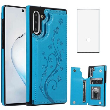 Phone Case for Samsung Galaxy Note 10 with Tempered Glass Screen Protector Card Holder Wallet Cover Flip Leather Cell Accessories Glaxay Note10 5G Gaxaly Notes 10s Ten Not S10 Cases Women Men Black