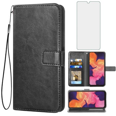 Asuwish Compatible with Samsung Galaxy A50 Wallet Case Tempered Glass Screen Protector and Leather Flip Cover Card Holder Stand Accessories Phone Cases for Glaxay A 50 Gaxaly S50 50A SM A505G Black
