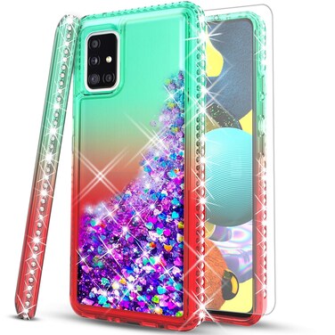 Galaxy A51 5G Case, Samsung Galaxy A51 5G Case, with [Tempered Glass Screen Protector Included] STARSHOP Liquid Bling Sparkle Floating Glitter Quicksand Phone Case Girls Women Cute - Green/Red