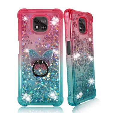 Zase Moto G Power 2021 Liquid Glitter Sparkle Bling Cute Clear Case Design for Motorola G Power (2021) 6.6-inch Floating 3D Butterflies Waterfall Quicksand w/Phone Ring Holder (Gradient Pink Aqua)