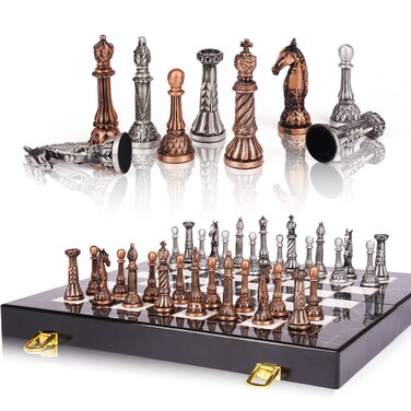 Retro Metal Chess Set for Adults and Kids &ndash; Marbling Chess Board with Chess Pieces &ndash; Travel Chess Set with Metal Pieces &ndash; Folding Chessboard &ndash; Ideal for Beginners and Professional Players