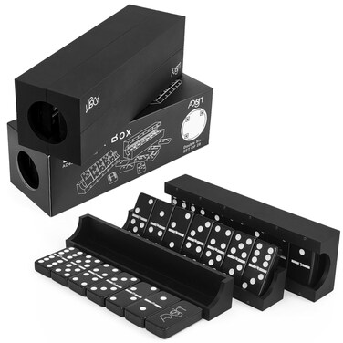 Domino Game Set of 28   Professional Double 6s   Multi-use Box   Trays to Stand Tiles   by ADesign+ (Black Plastic Tactile)