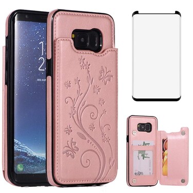 Phone Case for Samsung Galaxy S8 with Tempered Glass Screen Protector and Card Holder Wallet Cover Stand Flip Leather Slim Soft TPU Cell Accessories Glaxay S 8 8S Edge SM-G950U Cases Women Rose Gold