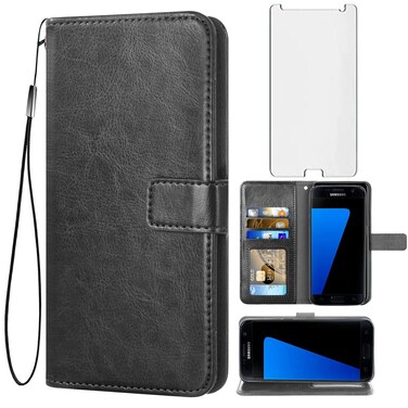 Asuwish Compatible with Samsung Galaxy S7 Wallet Case Tempered Glass Screen Protector and Flip Cover Card Holder Stand Cell Accessories Phone Cases for Glaxay S 7 7s GS7 SM-G930V G930A Women Men Black