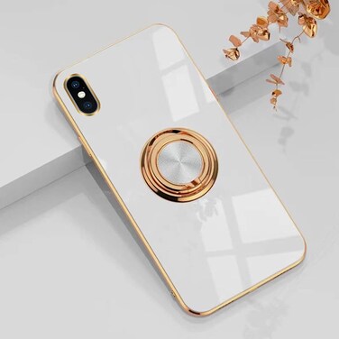 Omorro for iPhone Xs Max Case for Women Ring Holder, 360 TPU Rotation Kickstand Rings Cases with Stand Glitter Plating Rose Gold Edge Work with Magnetic Mount Slim Sleek Luxury Case Girly White