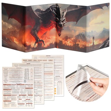 Grajar DND Customizable DM Screen 5e with 4 Panels for US Letter Paper, Large Opening Magnetic Pockets with Wet-Erase Function, Included D&amp;D Dungeon Master Screen Inserts