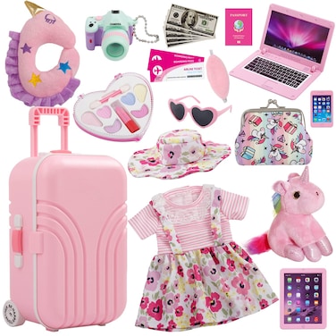 Windolls 18 Inch Doll Suitcase Travel Luggage Play Accessories - 18" Doll Clothes Accessories Travel Carrier Storage Set, Include Case, Doll Clothes, Hat, Sunglasses, Camera, Pillow, Toy Pet, etc