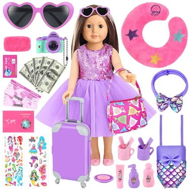 Luucio 30 PCS 18 Inch Girl Doll Accessories Suitcase Travel Play Set - Camera, Suitcase Stickers, Toiletries, Pillow, Blindfold, Sunglasses, Passport, Tickets, Cash, Fit for 18 Inch Girl Doll