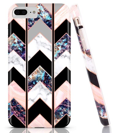 BAISRKE Shiny Rose Gold Wave Geometric Marble Case Slim Soft TPU Rubber Bumper Silicone Protective Phone Case Cover Compatible with iPhone 8 Plus / 7 Plus / 6 Plus 6s Plus [Black]