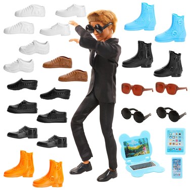 Miunana 17 Items for Male Doll 10 Pairs of Boy Doll Flat Shoes Fit for 12 Inch Doll Man Doll High Boots Black and White Leather Shoes for Doll + 4 Sun Glasses and 3 PCS Computer Dollhouse Furniture