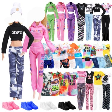 24 PCS Handmade Doll Clothes and Accessories for 11.5 inch Doll Including 1 Fashion Set 1 Hat 1 Sports Set 2 Dress Set 5 Tops and 5 Pants Outfits Set 4 Pair of Shoes in Random