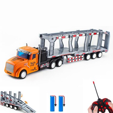 RC Semi Transporter Truck and Trailer, RC Semi Truck,1:32 Scale Remote Control Trailer Truck,Remote Controlled Toy Vehicles, Double-Decker Trailer with 2 Rechargeable Batteries for 3+ Year Old Kids