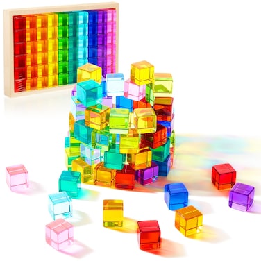Meooeck 60 Pcs Acrylic Gem Cubes Blocks Translucent Rainbow Building Cubes Crystal Educational Sensory Training Stacking Toys with Wooden Storage Boxes School Supplies Birthday Gift