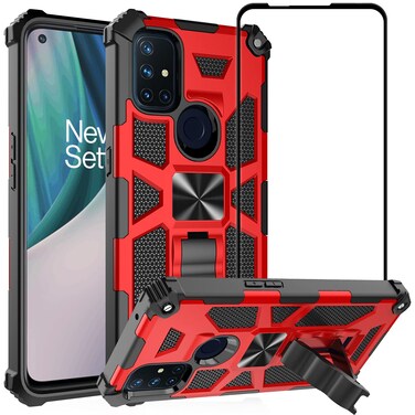 Ailiber Compatible with OnePlus Nord N10 5G Case with Screen Protector, for Magnetic Car Mount, Kickstand Holder, Shockproof Bumper Heavy Duty Armor Protective Phone Cover for 1+Nord N10 -Red