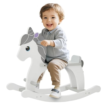 FUNLIO Wooden Rocking Horse Ages 1-3, Charming Pony Baby Rocking Horse with Long Seat &amp; Backrest, Easy to Assemble Toddler Ride on Toys, CPC &amp; CE Certified - Gray