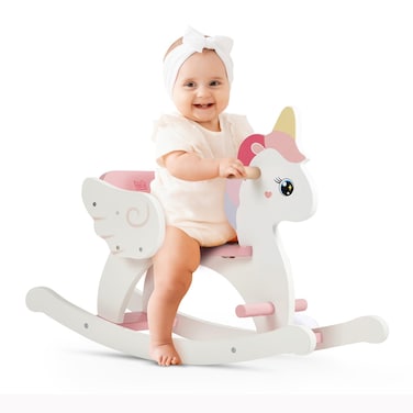 FUNLIO Unicorn Wooden Rocking Horse Ages 0.5-3, Cute Baby Rocking Horse with Safety Belt &amp; Backrest, Easy to Assemble Toddler Ride on Toys, CPC &amp; CE Certified - Pink