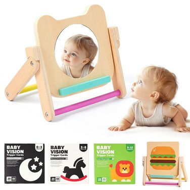 IEATFO Rotating Baby Safe Mirror with 120 Pages Visual Stimulation Cards - Wooden Tummy Time Mirror Toys - Black White Red and Color High Contrast Baby Flashcards for Brain and Cognitive Development