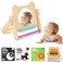 IEATFO Rotating Baby Safe Mirror with 120 Pages Visual Stimulation Cards - Wooden Tummy Time Mirror Toys - Black White Red and Color High Contrast Baby Flashcards for Brain and Cognitive Development