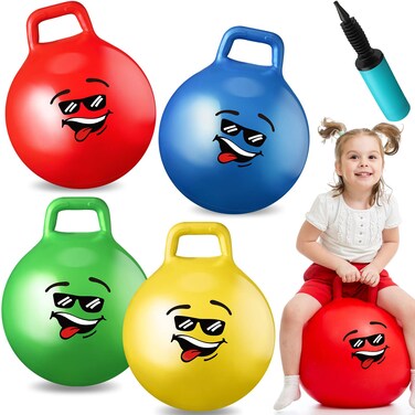 4 Pcs Bouncing Ball for Kids, 15 Inch Inflatable Jumping Ball Rubber Hippity Hop Bouncy Ball with Handle Sit and Bouncy Exercise Ball with Pump for Boy and Girl Indoor and Outdoor Supplies