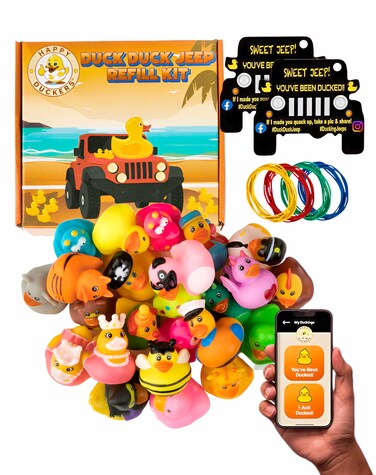 Jeep Ducks for Ducking Refill Kit- 75 Piece kit Including 25 Rubber Ducks, 25 Jeep Ducking Cards &amp; 25 Rubber Bands Plus Official Duck Duck Jeep Mobile App - Happy Duckers