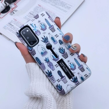 MADINCN Compatible with Samsung Galaxy S20 Case Finger Grip,3D Embossed Grey Cactus White Shell Design, Rugged Shockproof Slim Fit Dual Layer Finger Ring Loop Strap Case (Gray)