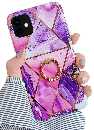 Qokey Compatible with iPhone 11 Case,Marble Case Cute Fashion Design for Men Women Girls with 360 Degree Rotating Ring Kickstand Soft TPU Shockproof Cover Designed for iPhone 11 6.1 Inch Purple