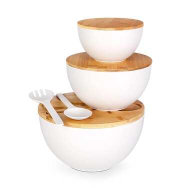 ShineMe Salad Serving Bowls with Lid and Utensils, 10" Bamboo Fiber Large Salad Bowl Set of 3, Kitchen Mixing Bowls for Preparing, Storing and Serving Cereal, Fruit,Chips, Bread