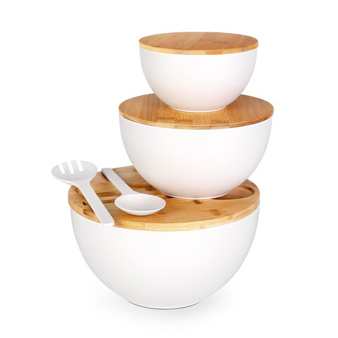 ShineMe Salad Serving Bowls with Lid and Utensils, 10&quot; Bamboo Fiber Large Salad Bowl Set of 3, Kitchen Mixing Bowls for Preparing, Storing and Serving Cereal, Fruit,Chips, Bread