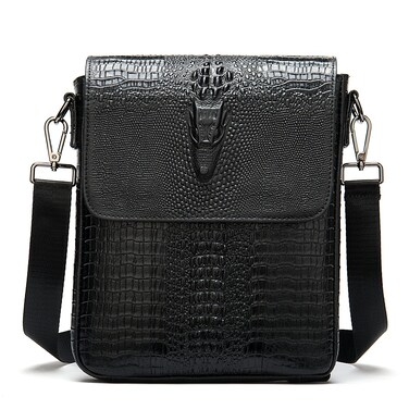 NIUCUNZH Leather Flap Messenger Bag for Men Small Crossbody Shoulder Bag,Novelty Crocodile Embossed Black
