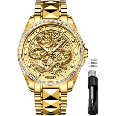 OUPINKE Gold Dragon Skeleton Men's Wrist Watches Luxury Dress Automatic Self Winding Mechanical Sapphire Crystal Diamond Waterproof Luminous Tungsten Steel Band Watches for Men Gift